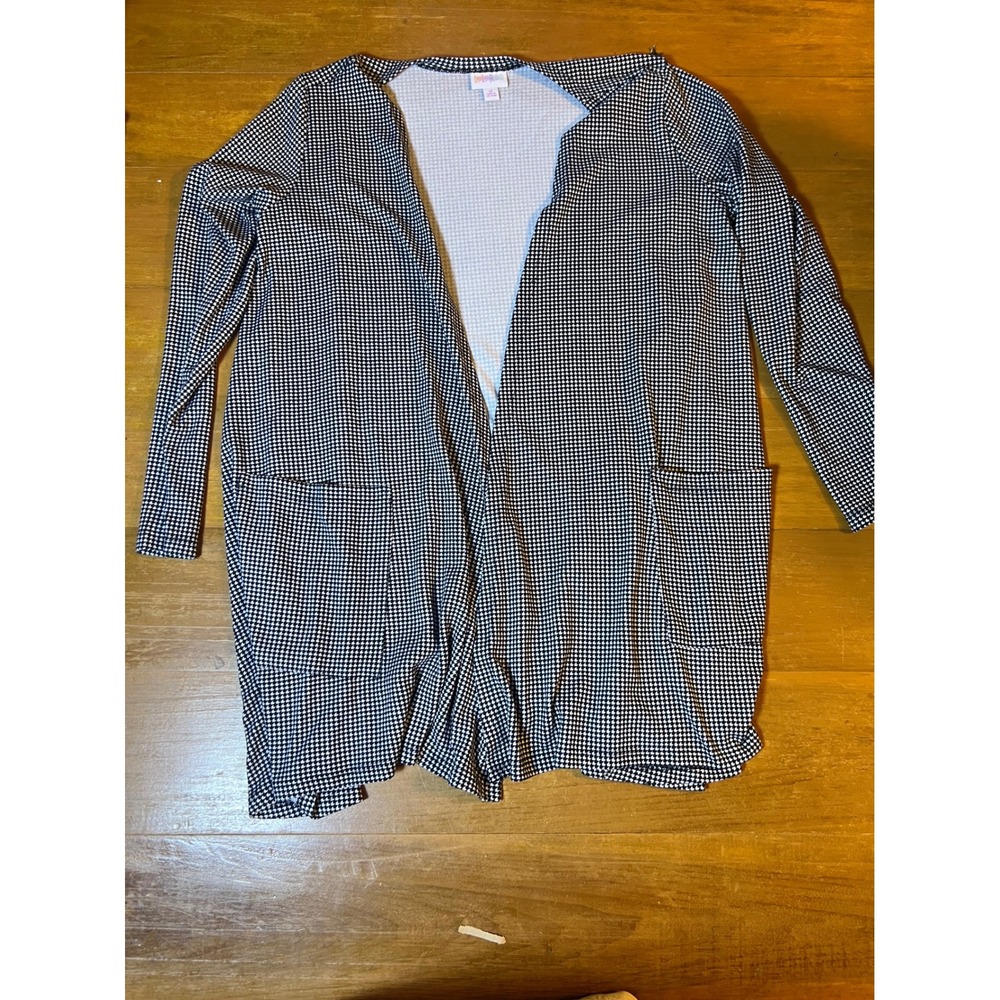 LuLaRoe Women Med Black White Houndstooth Caroline Open Front Pockets Cardigan